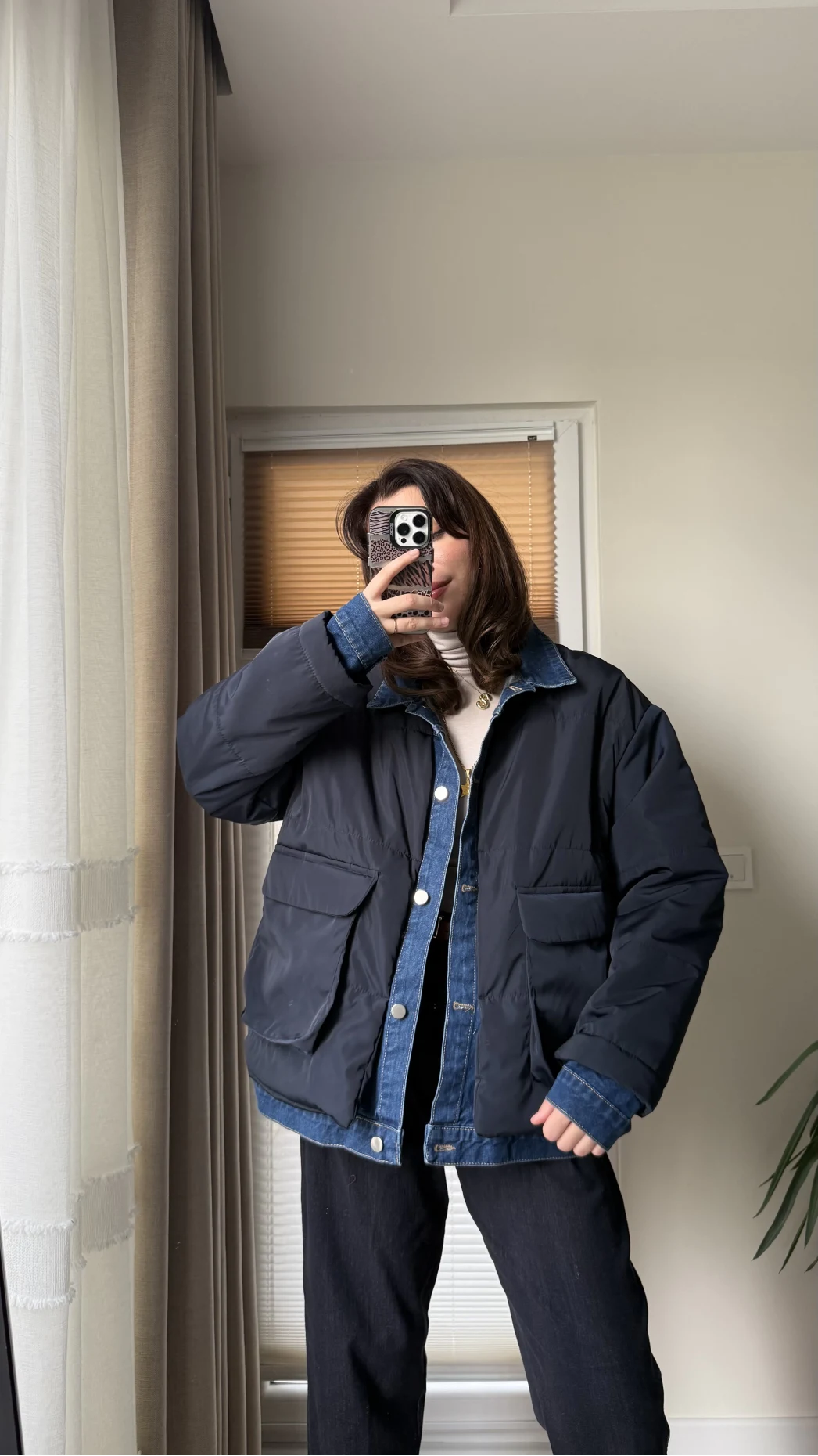 Denim Detay Şişme Mont Lacivert