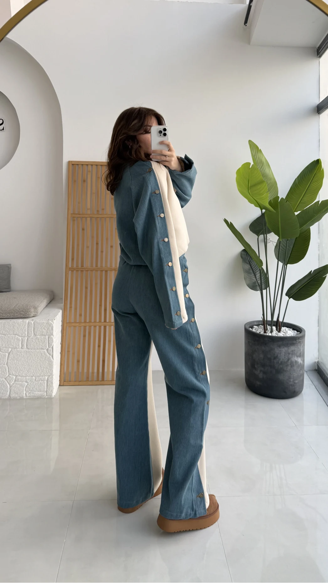 Denim Detaylı Şardonlu Sweatshirt Eşofman Takım - Bej