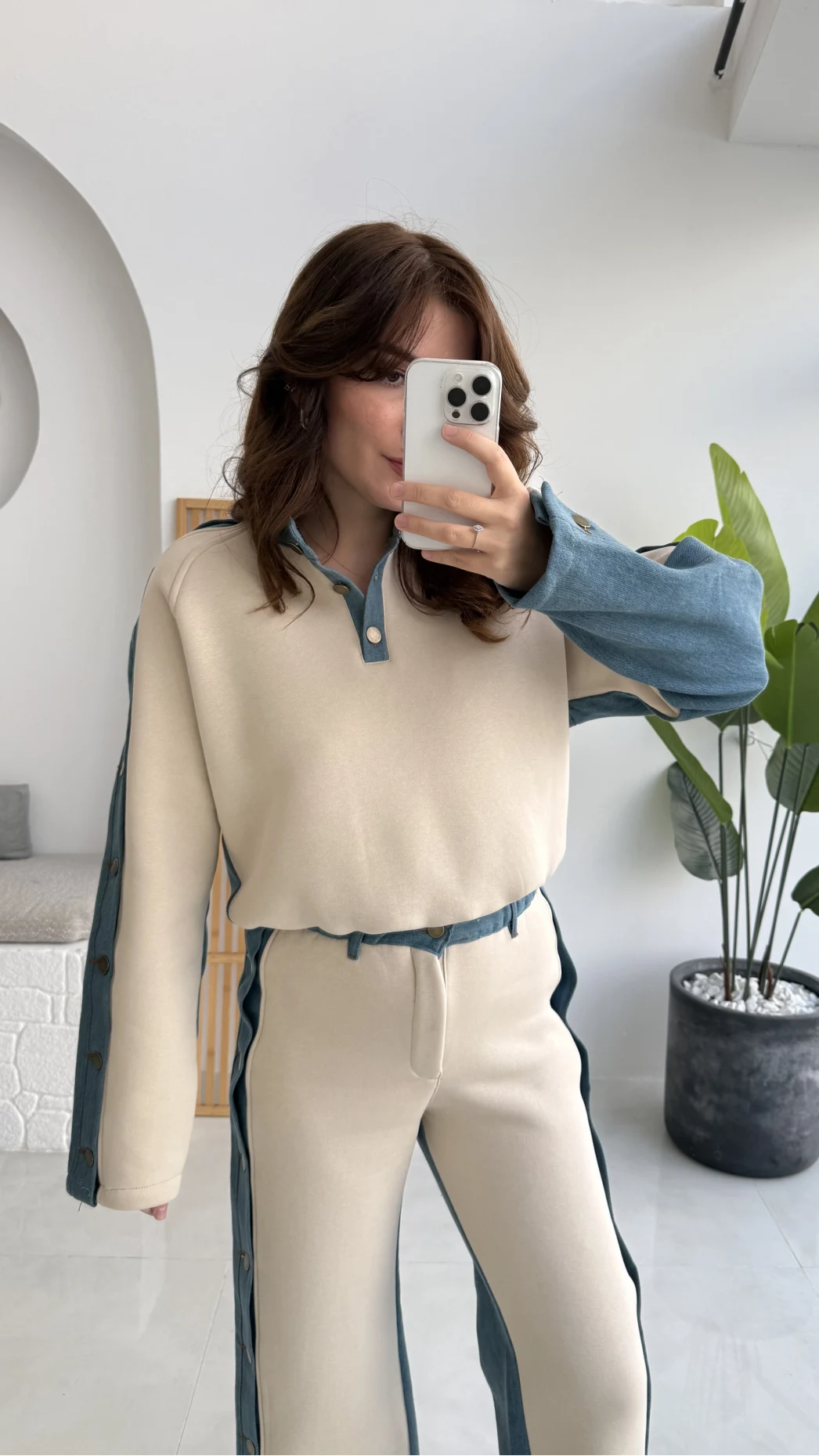 Denim Detaylı Şardonlu Sweatshirt Eşofman Takım - Bej