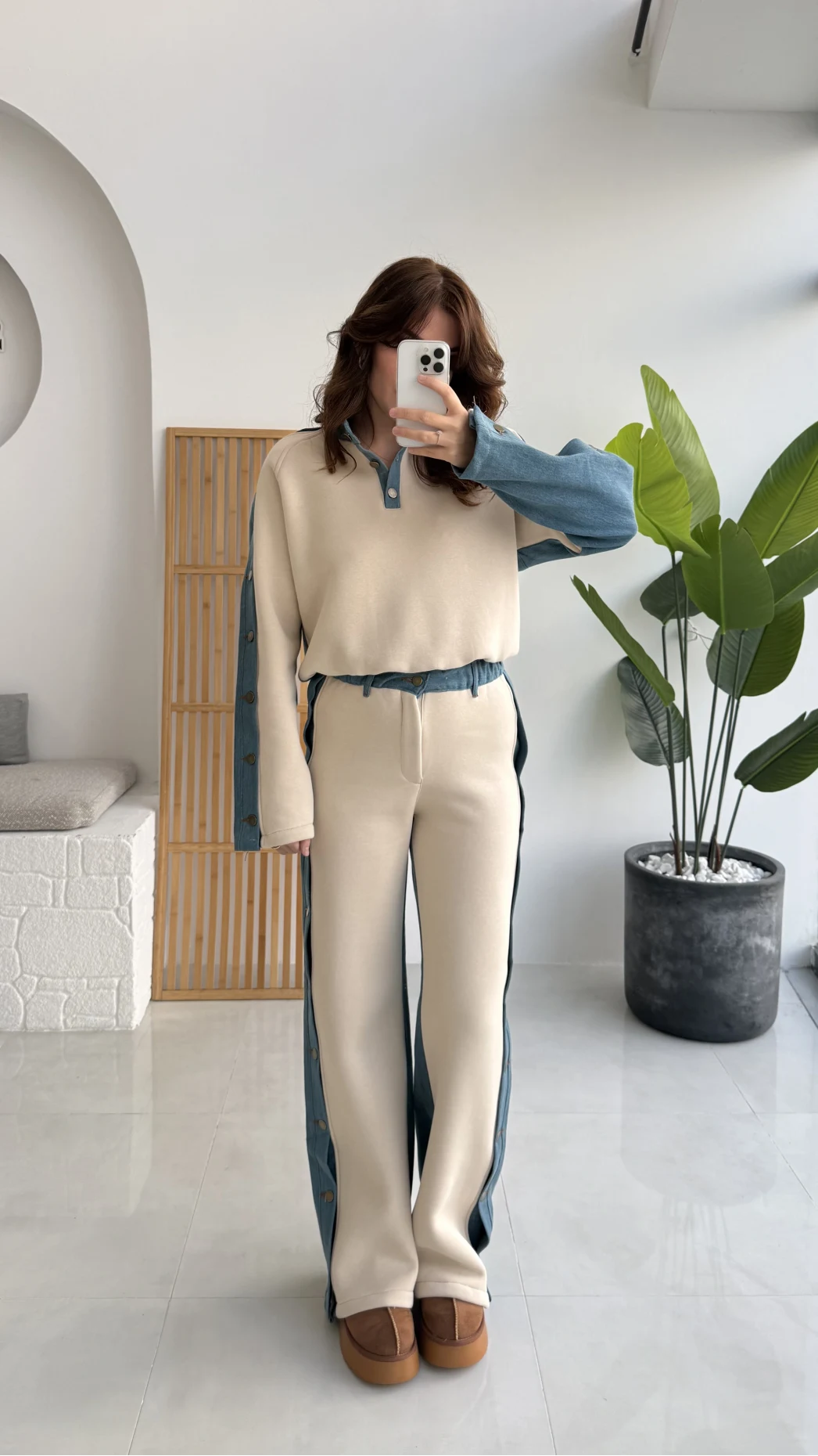 Denim Detaylı Şardonlu Sweatshirt Eşofman Takım - Bej