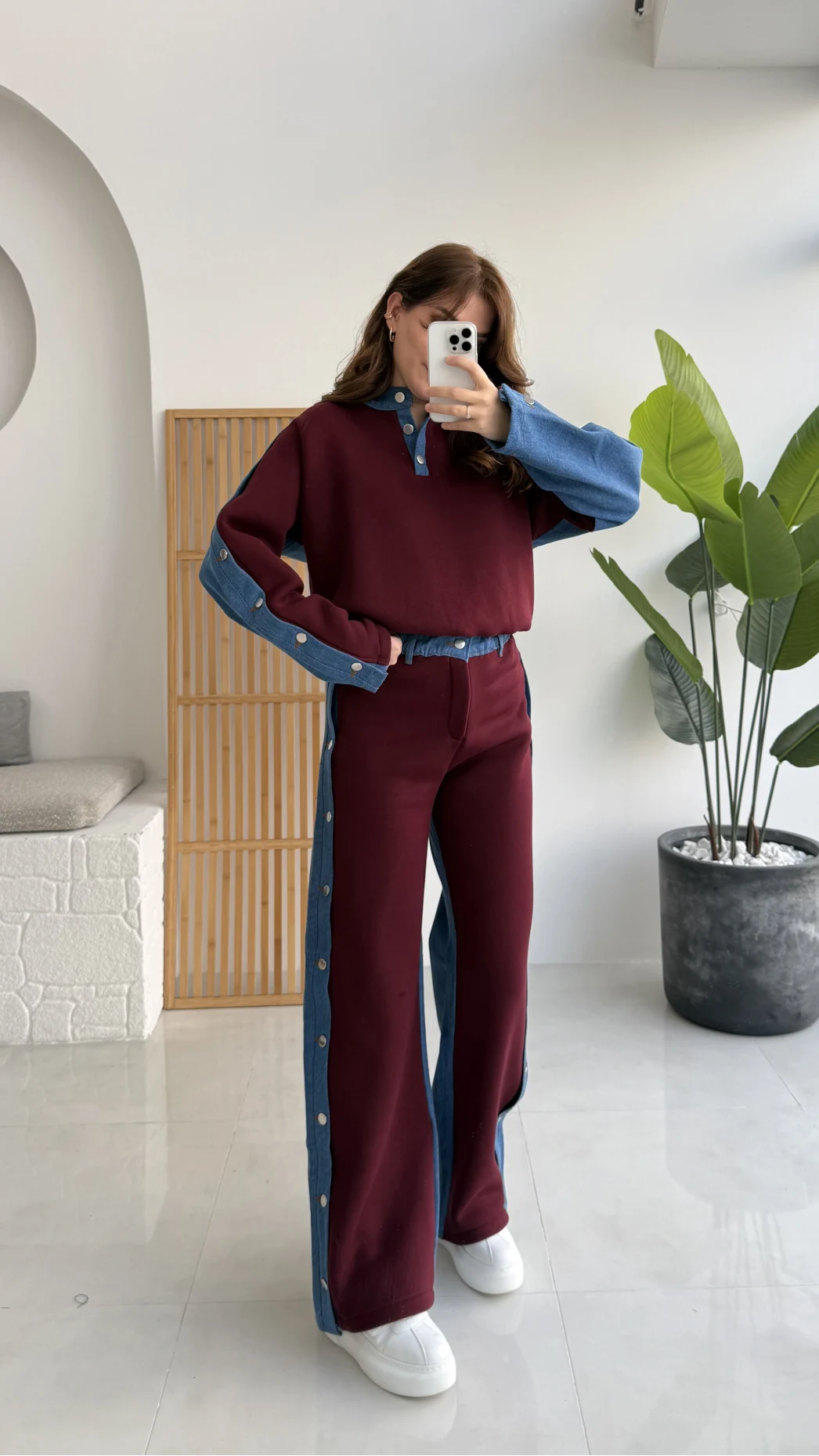 Denim Detaylı Şardonlu Sweatshirt Eşofman Takım - Bordo