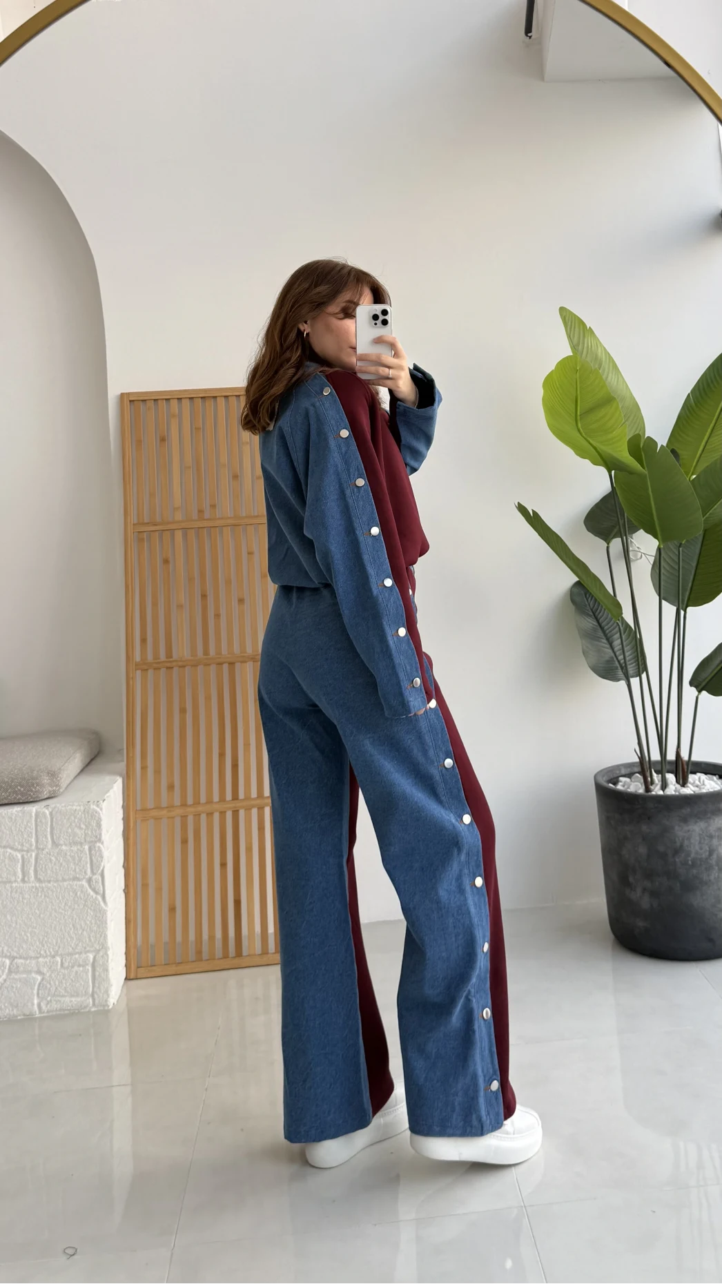 Denim Detaylı Şardonlu Sweatshirt Eşofman Takım - Bordo