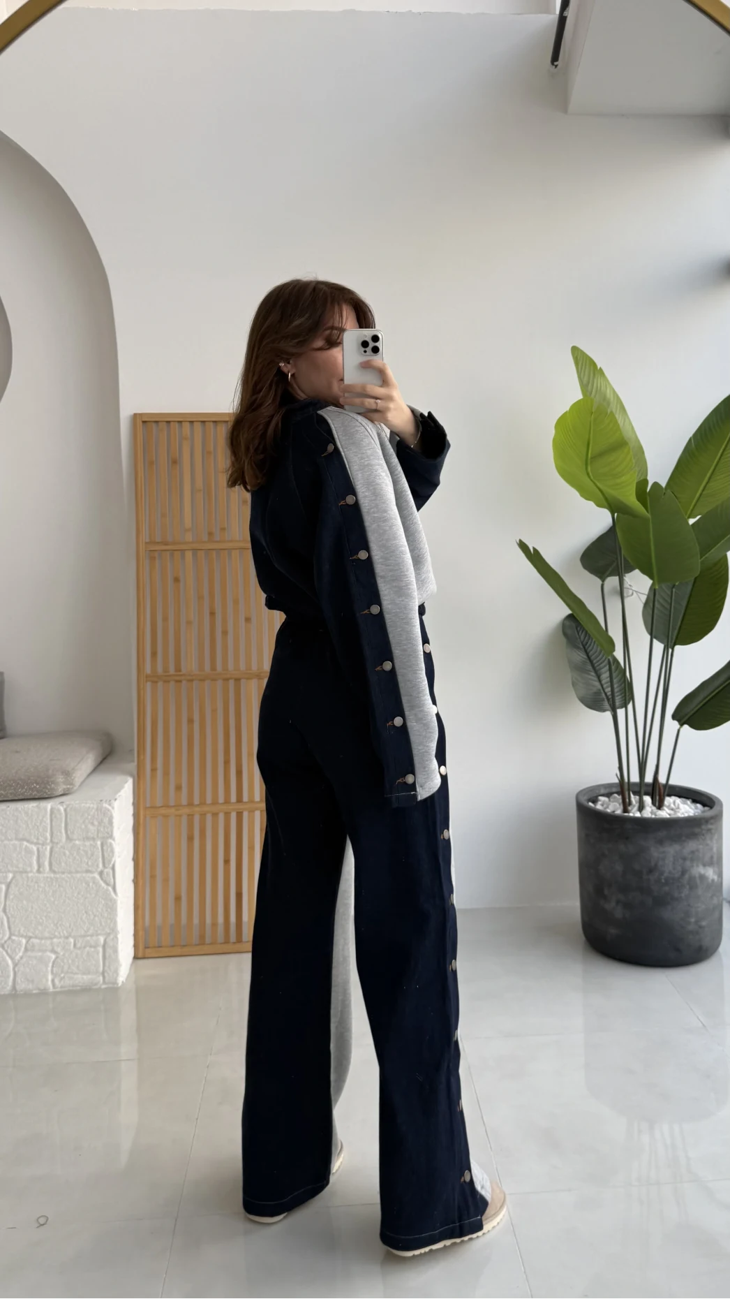 Denim Detaylı Şardonlu Sweatshirt Eşofman Takım - Gri