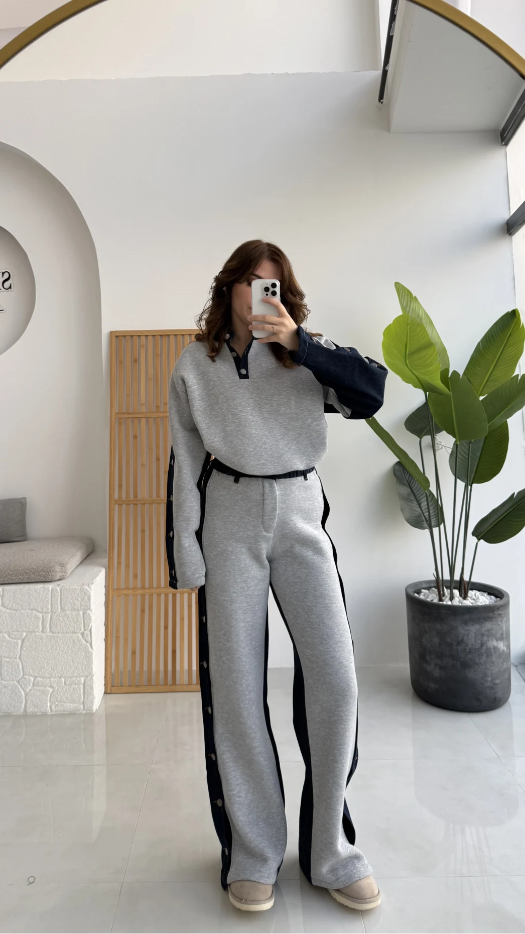 Denim Detaylı Şardonlu Sweatshirt Eşofman Takım - Gri