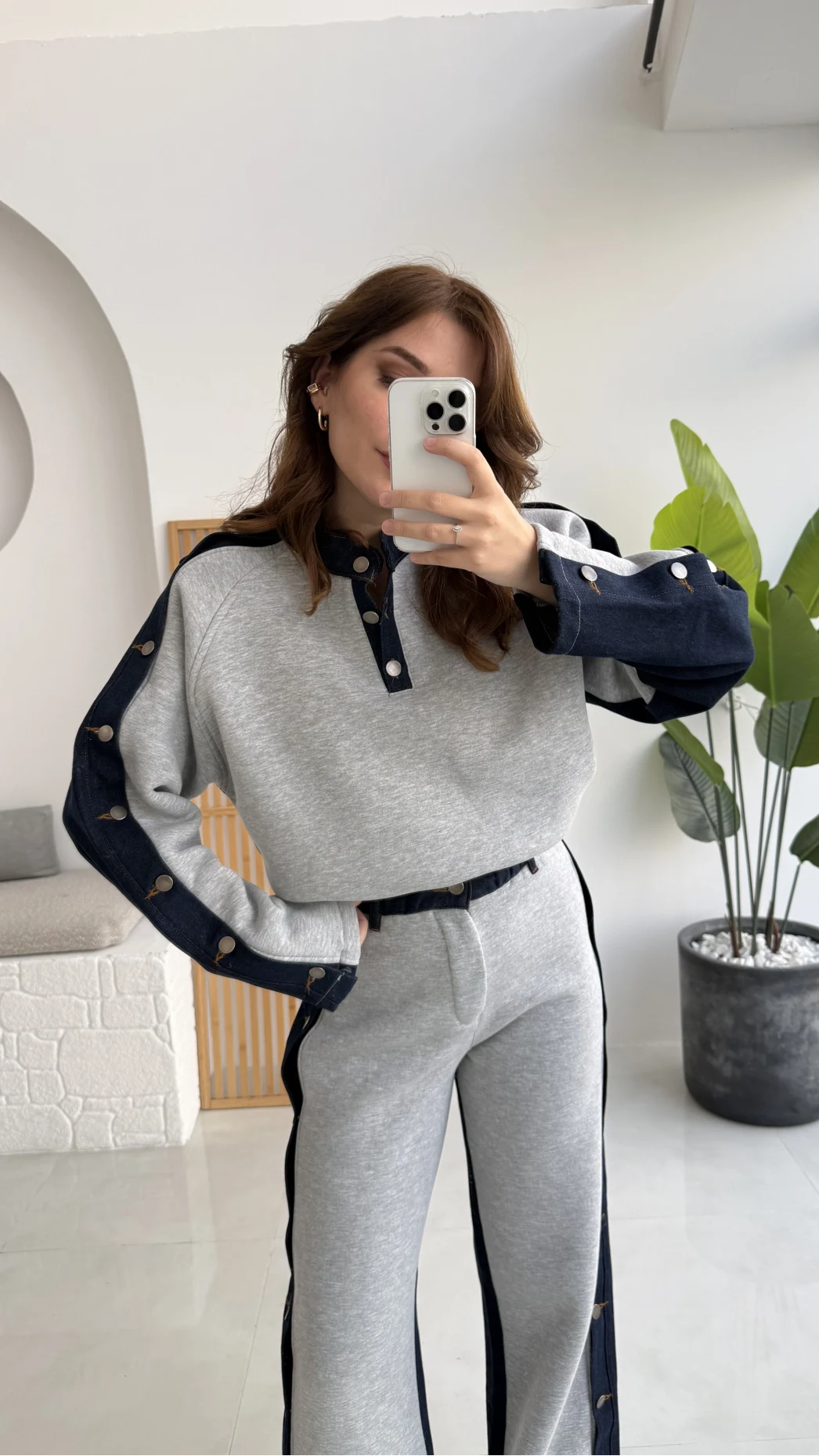 Denim Detaylı Şardonlu Sweatshirt Eşofman Takım - Gri