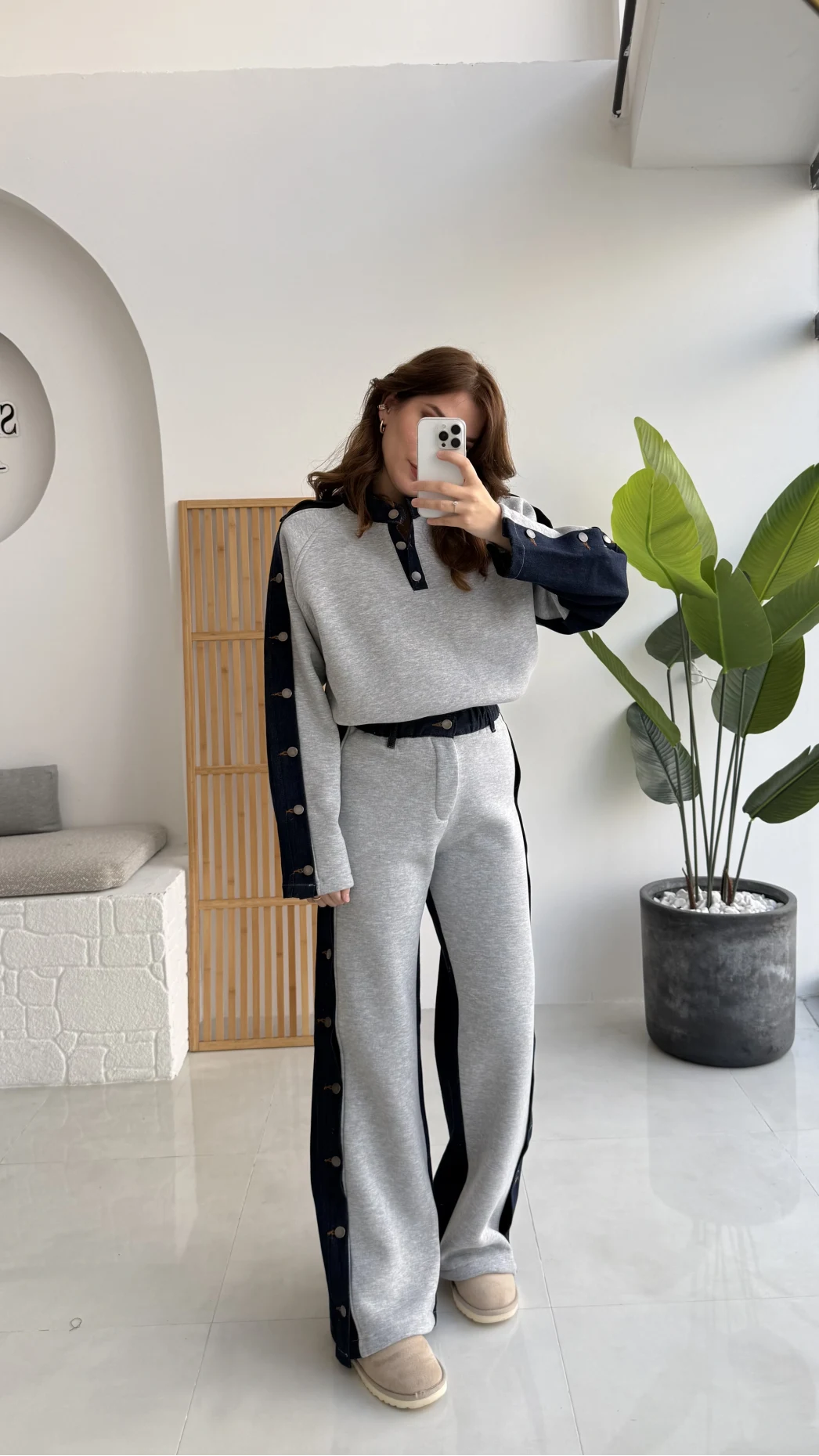 Denim Detaylı Şardonlu Sweatshirt Eşofman Takım - Gri