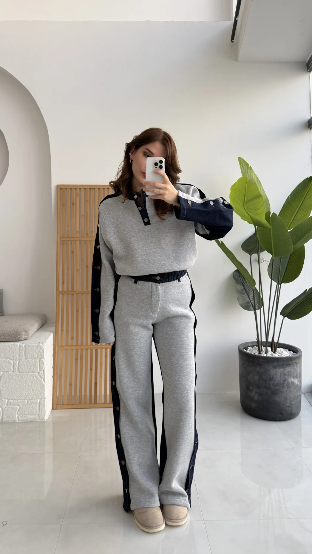 Denim Detaylı Şardonlu Sweatshirt Eşofman Takım - Gri