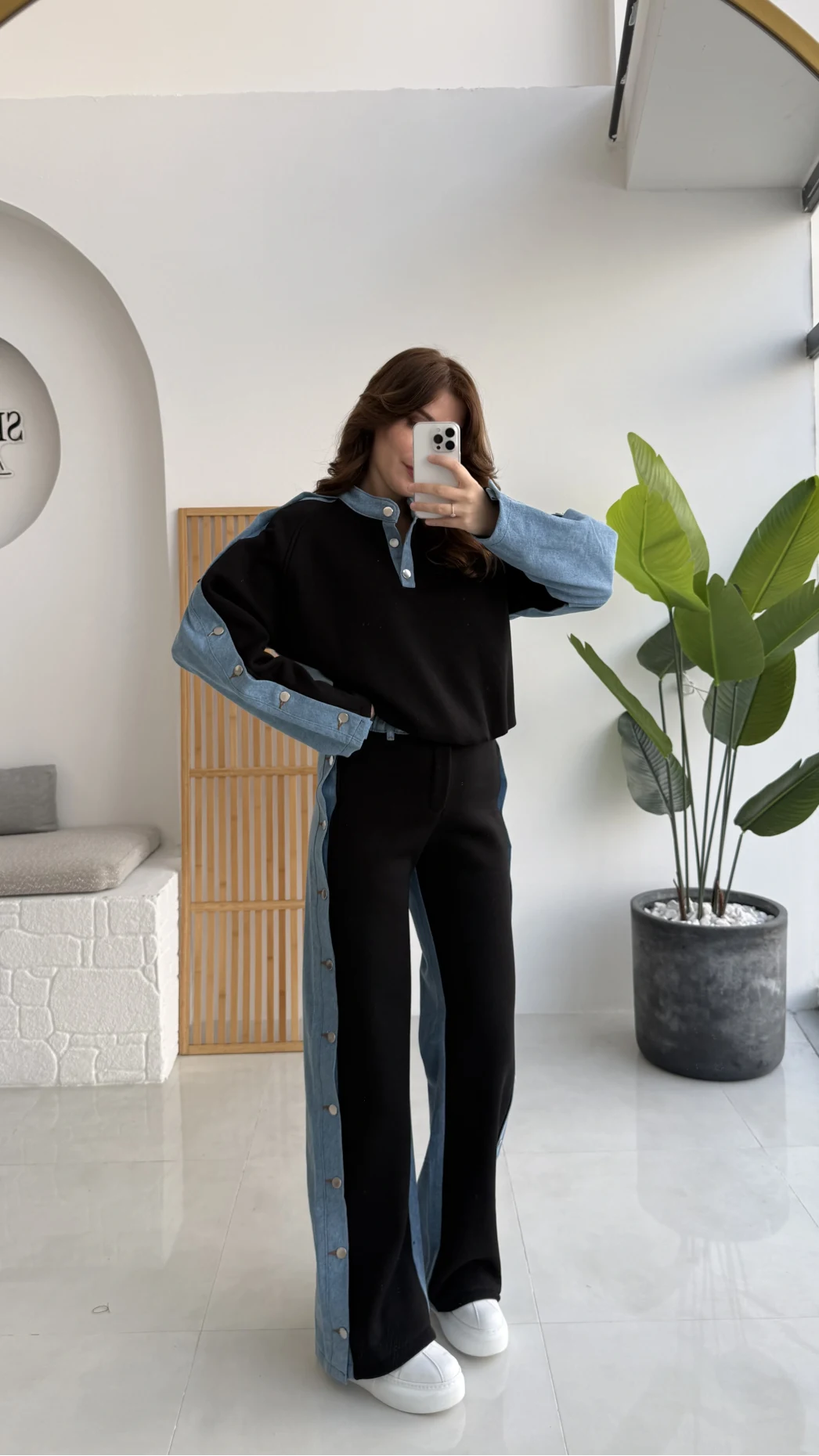 Denim Detaylı Şardonlu Sweatshirt Eşofman Takım - Siyah