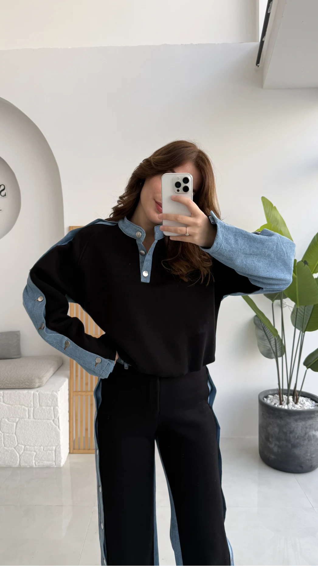 Denim Detaylı Şardonlu Sweatshirt Eşofman Takım - Siyah