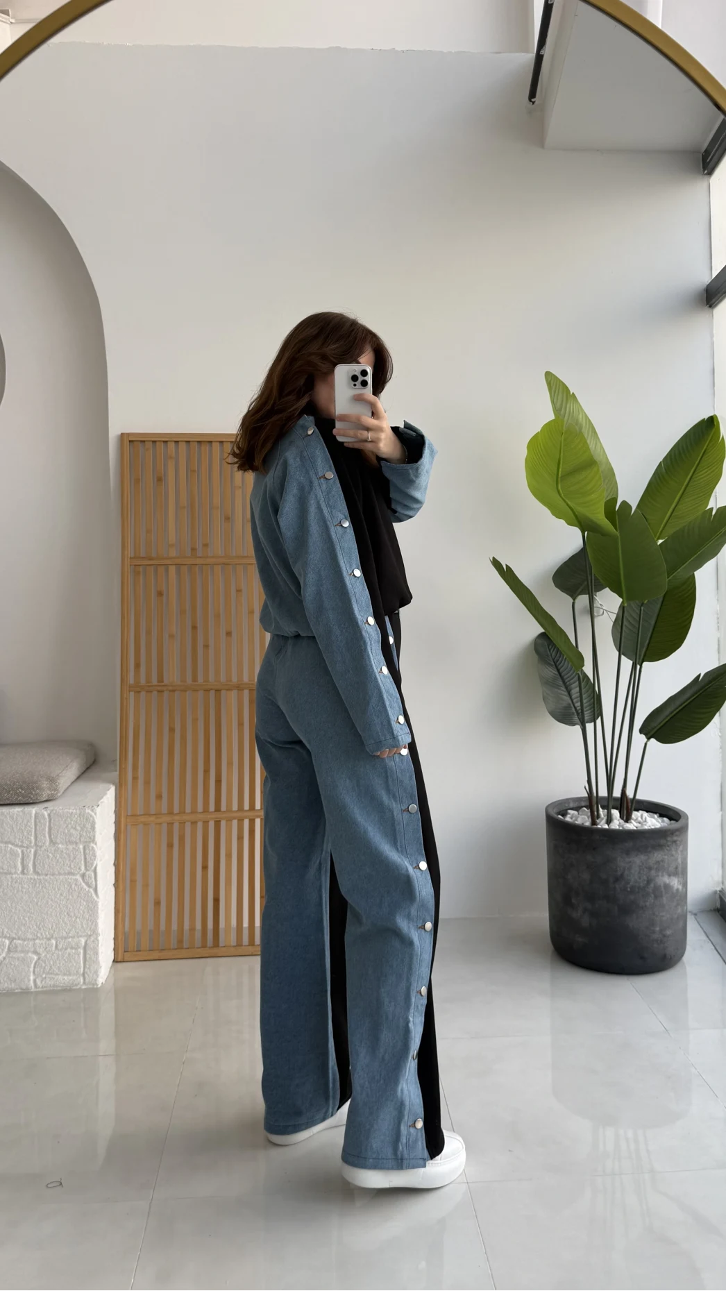 Denim Detaylı Şardonlu Sweatshirt Eşofman Takım - Siyah