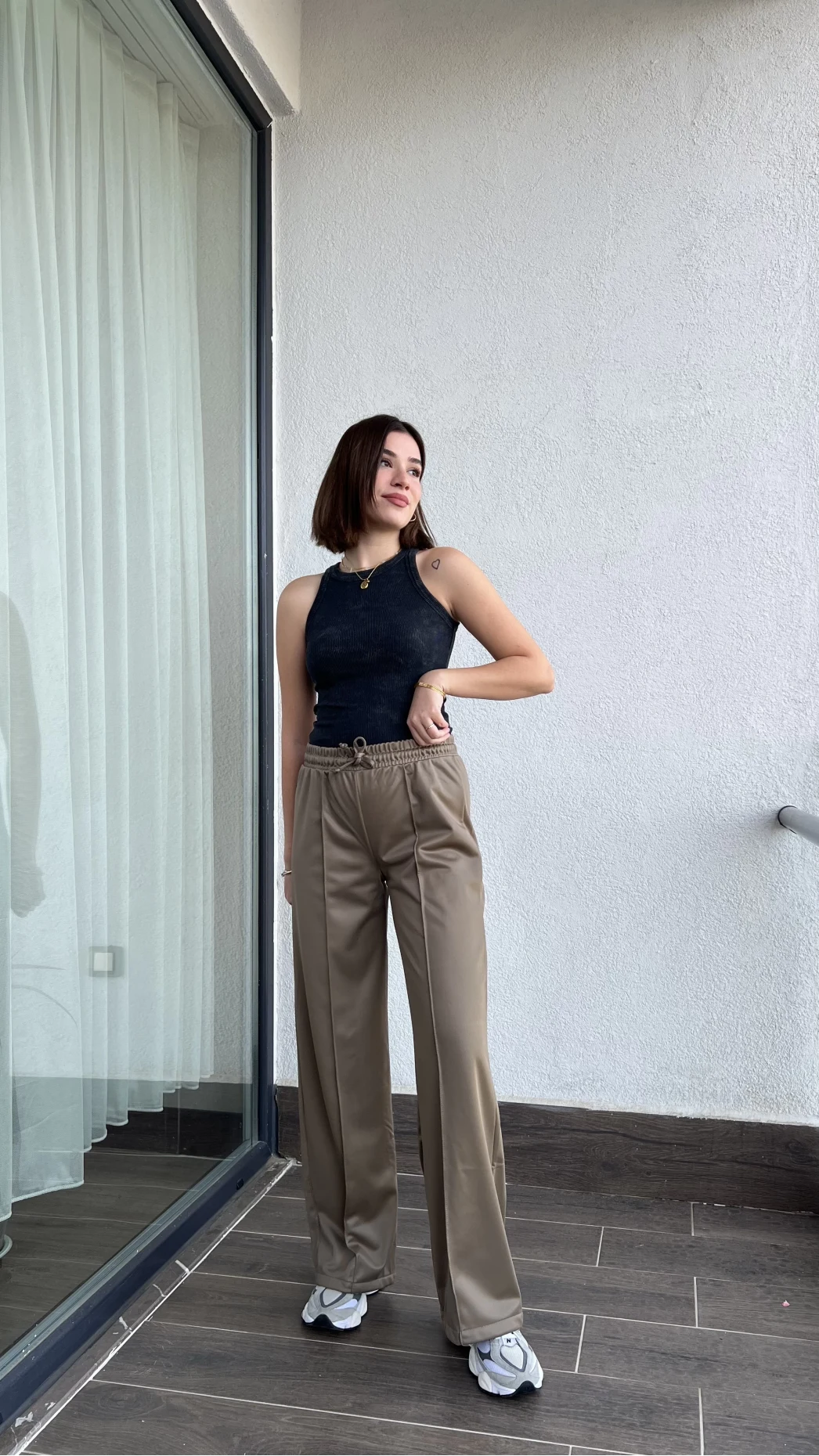 Deri Görünümlü Haki Palazzo Pantolon