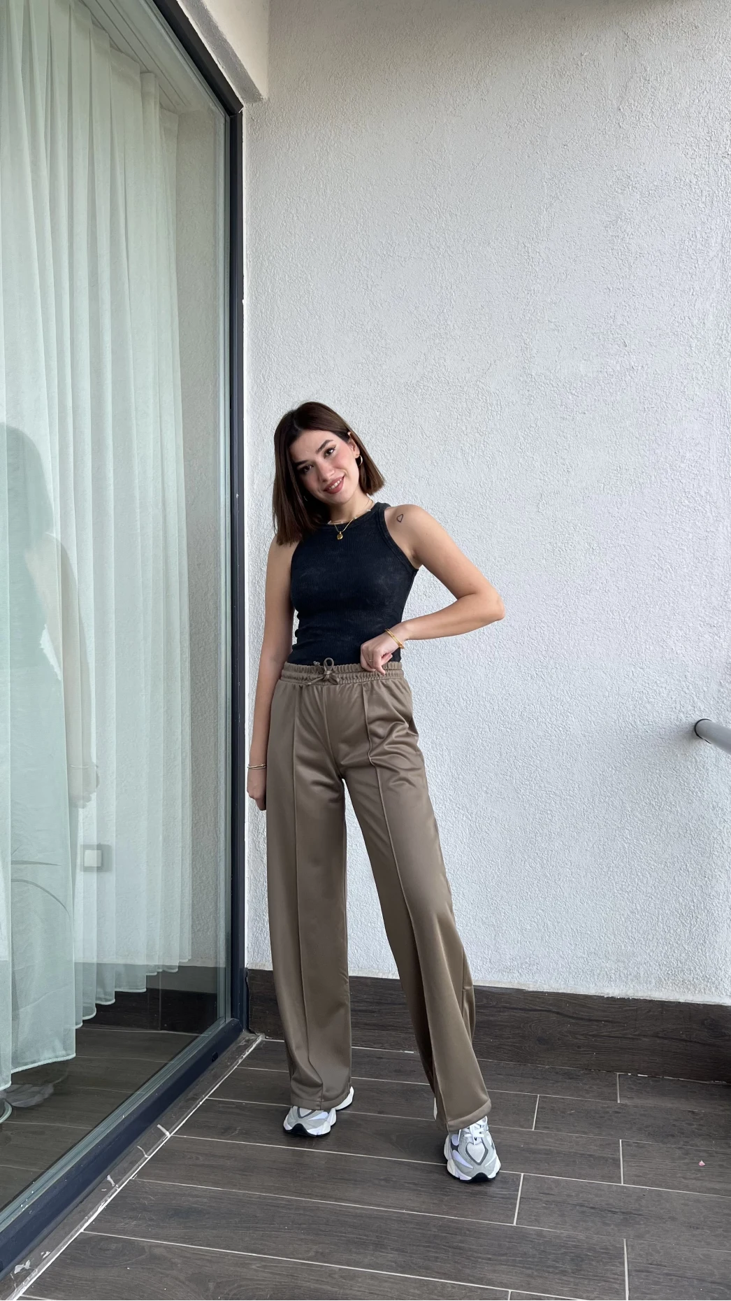 Deri Görünümlü Haki Palazzo Pantolon