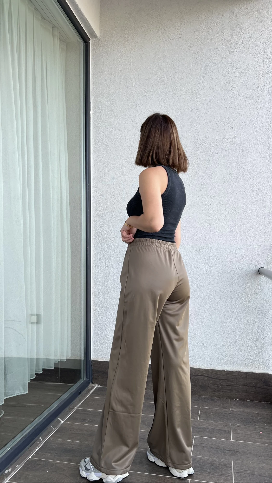 Deri Görünümlü Haki Palazzo Pantolon