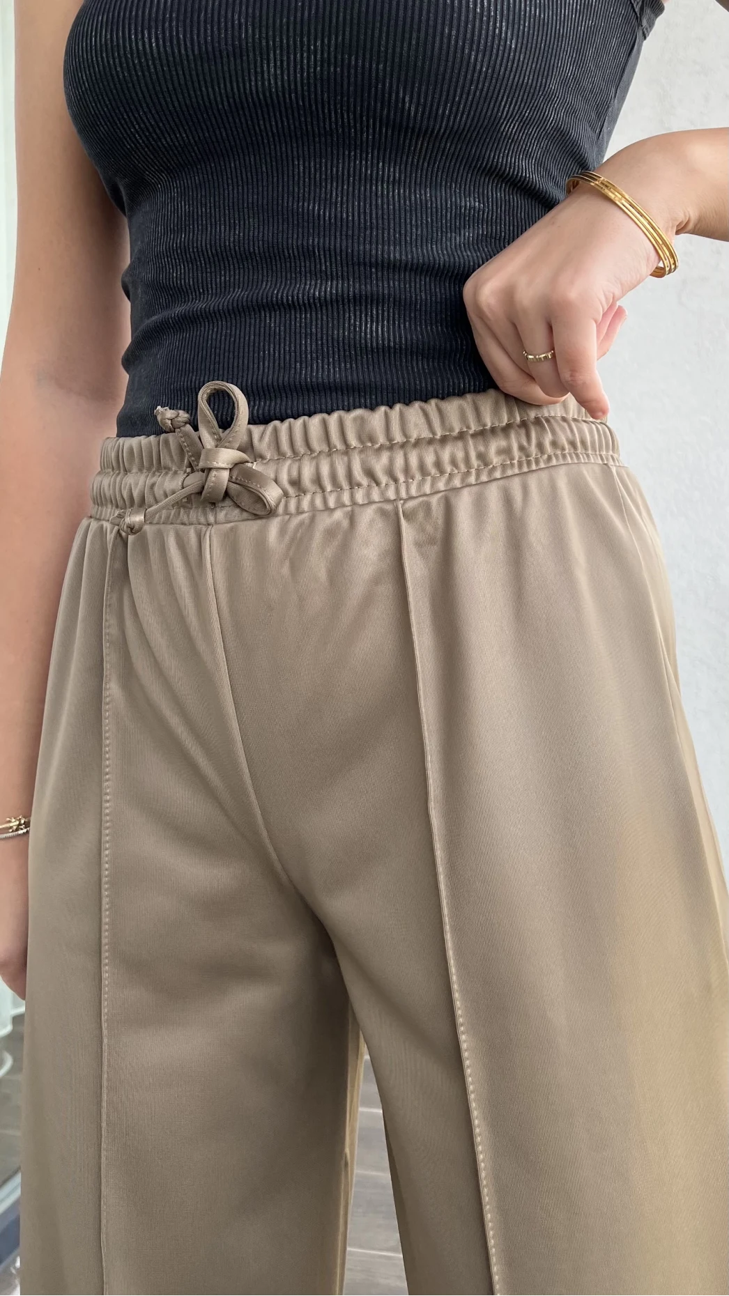 Deri Görünümlü Haki Palazzo Pantolon