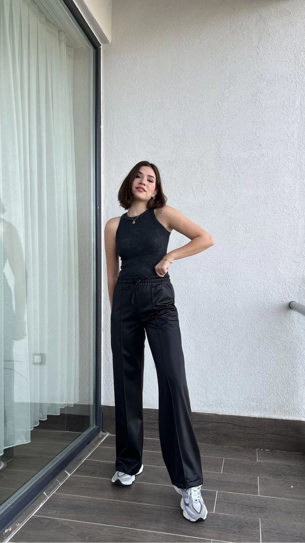 Deri Görünümlü Siyah Palazzo Pantolon