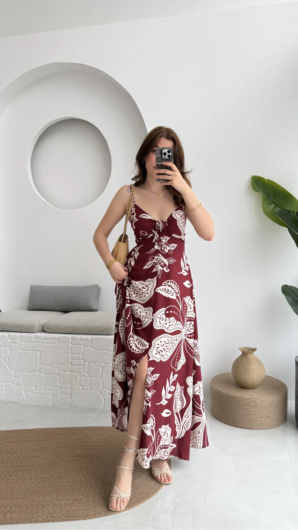 Desenli Askılı Elbise - 3010 - Bordo