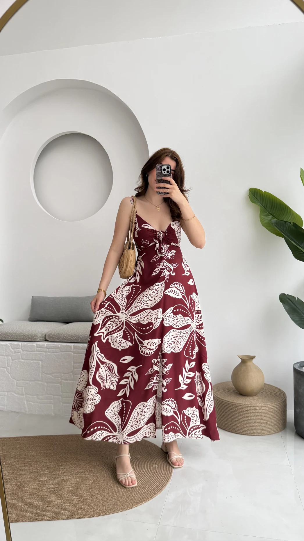 Desenli Askılı Elbise - 3010 - Bordo