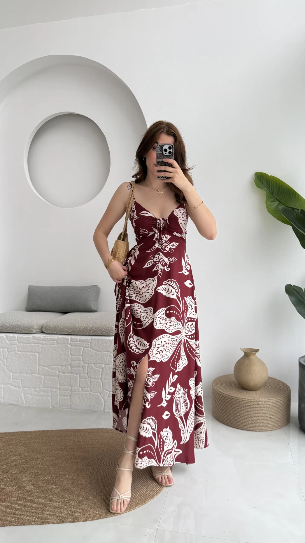 Desenli Askılı Elbise - 3010 - Bordo