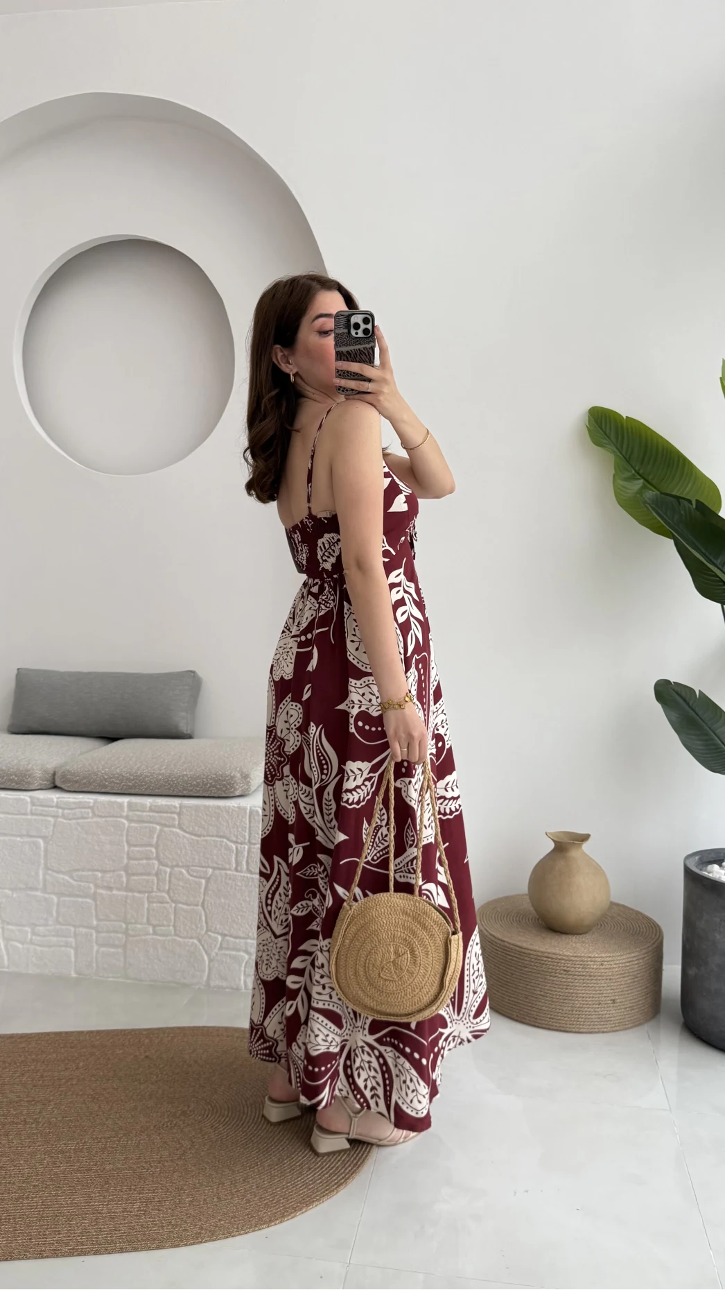 Desenli Askılı Elbise - 3010 - Bordo