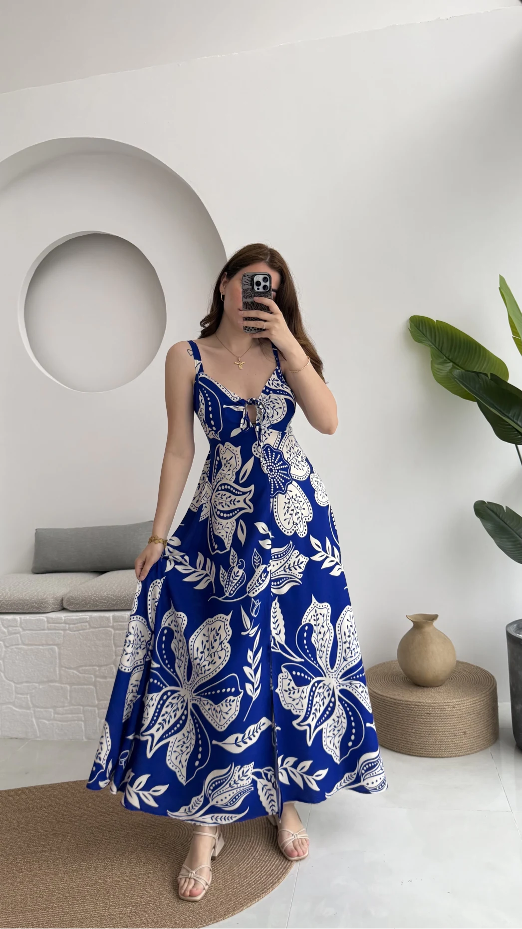 Desenli Askılı Elbise - 3010 - Mavi