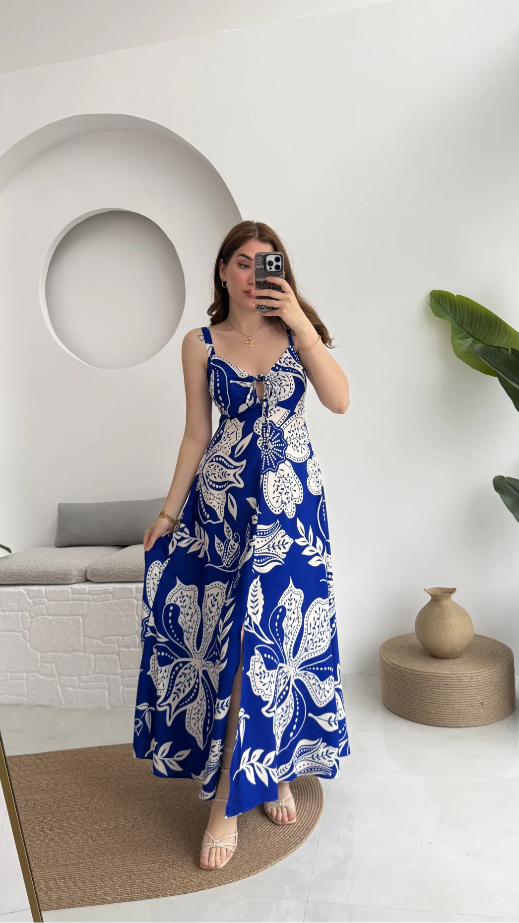 Desenli Askılı Elbise - 3010 - Mavi