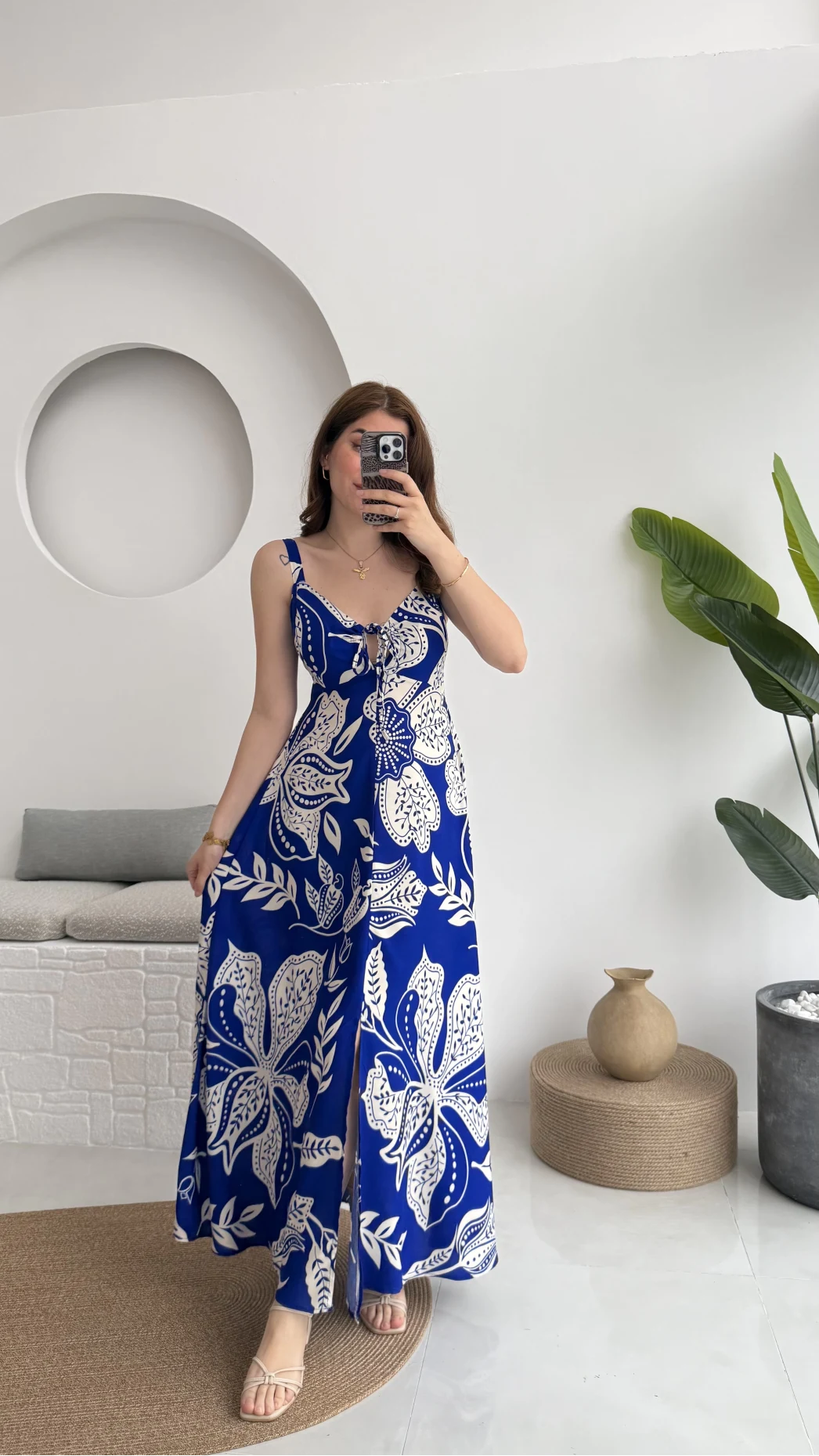 Desenli Askılı Elbise - 3010 - Mavi