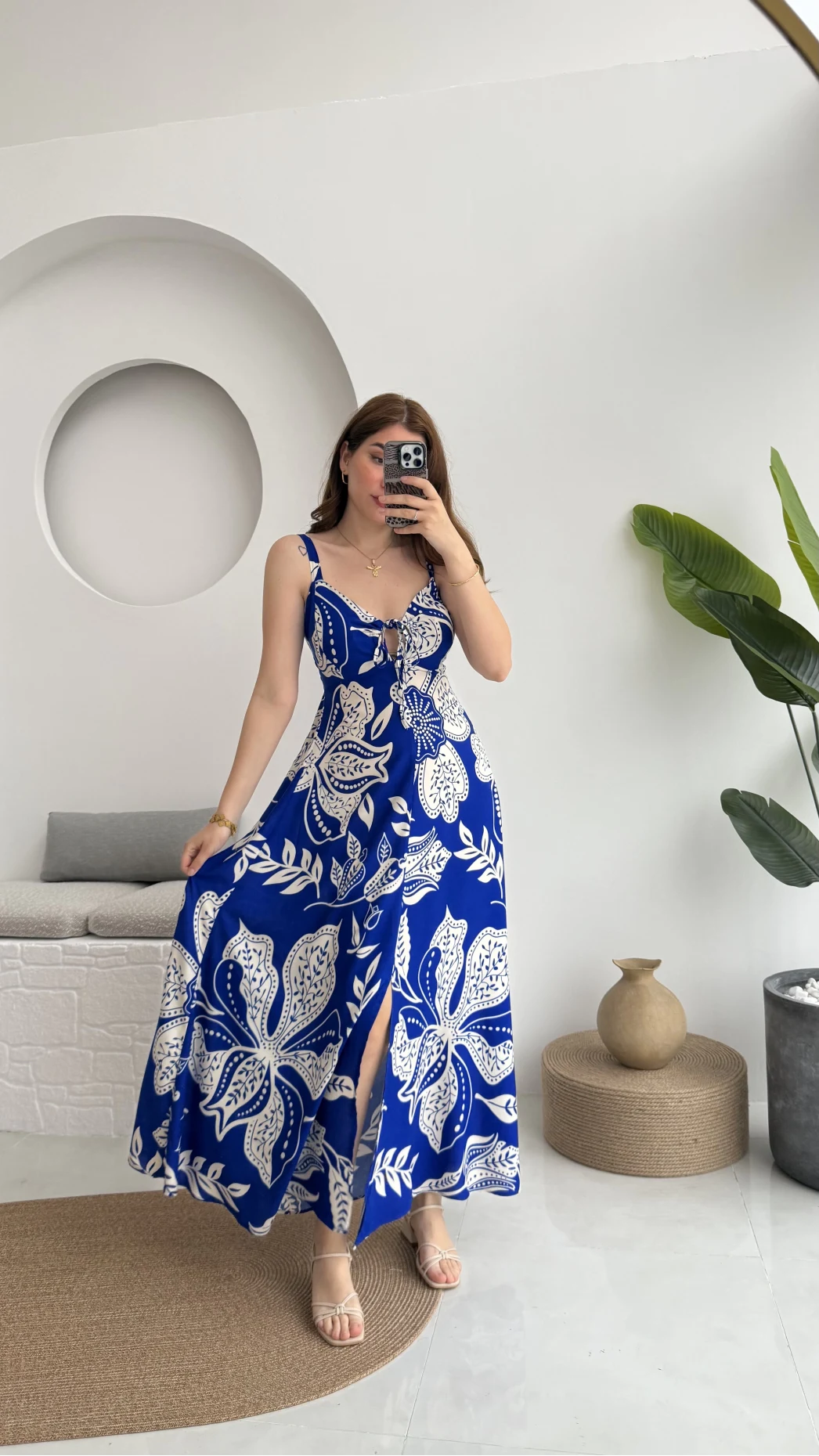 Desenli Askılı Elbise - 3010 - Mavi