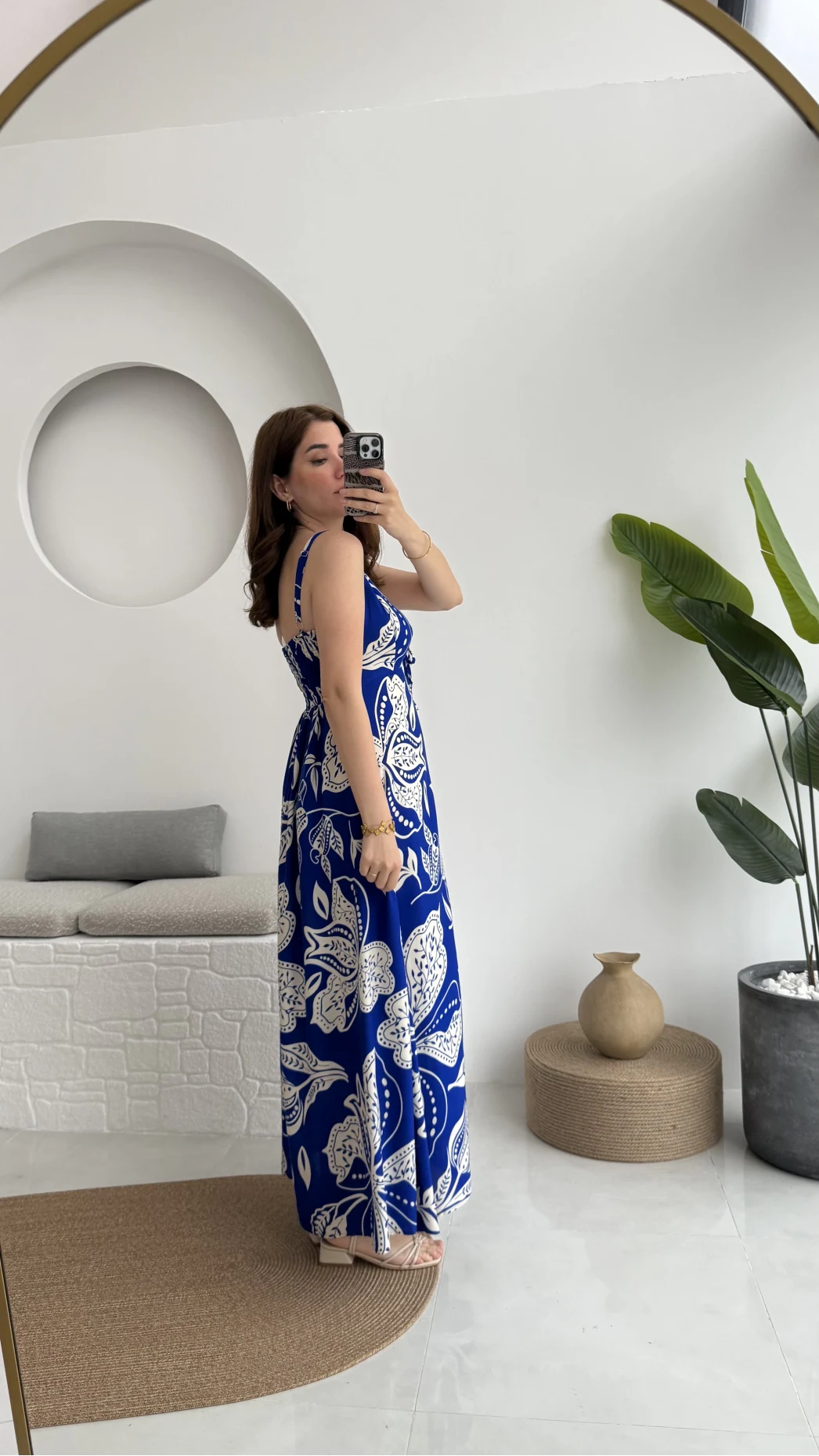 Desenli Askılı Elbise - 3010 - Mavi