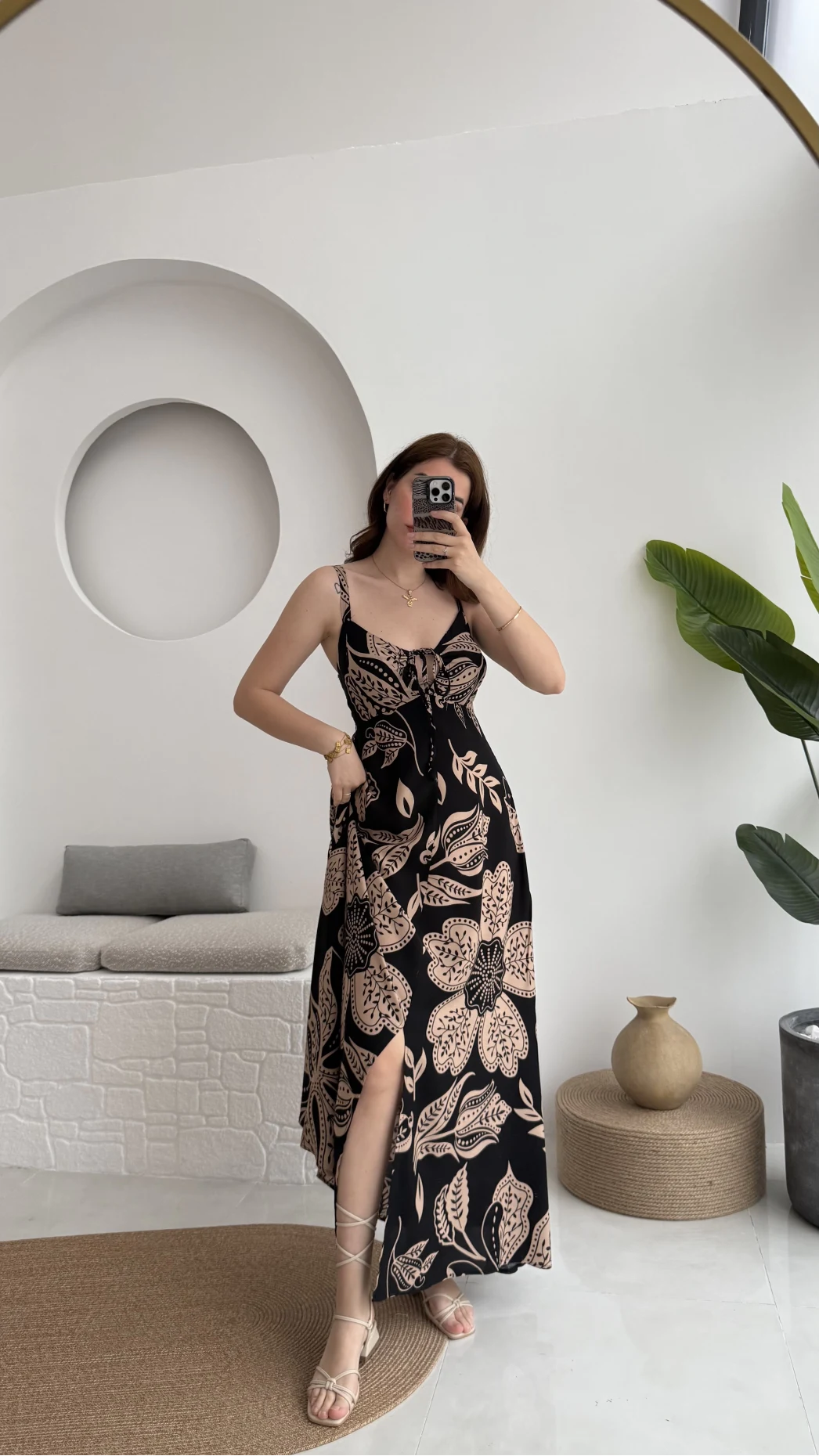 Desenli Askılı Elbise - 35210 - 2 - Siyah