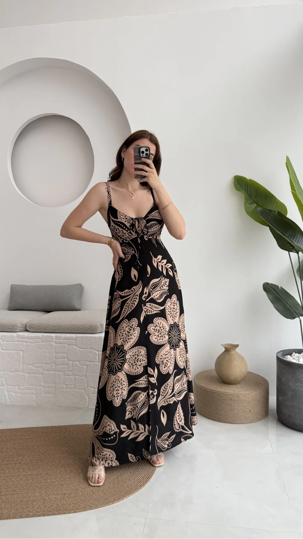 Desenli Askılı Elbise - 35210 - 2 - Siyah