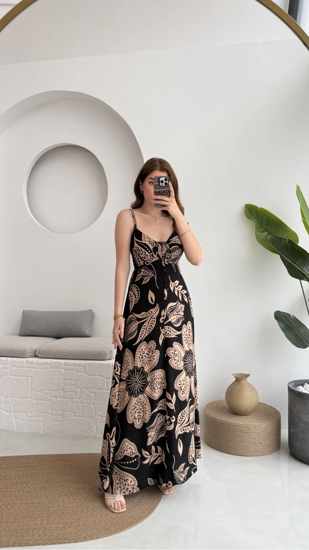 Desenli Askılı Elbise - 35210 - 2 - Siyah