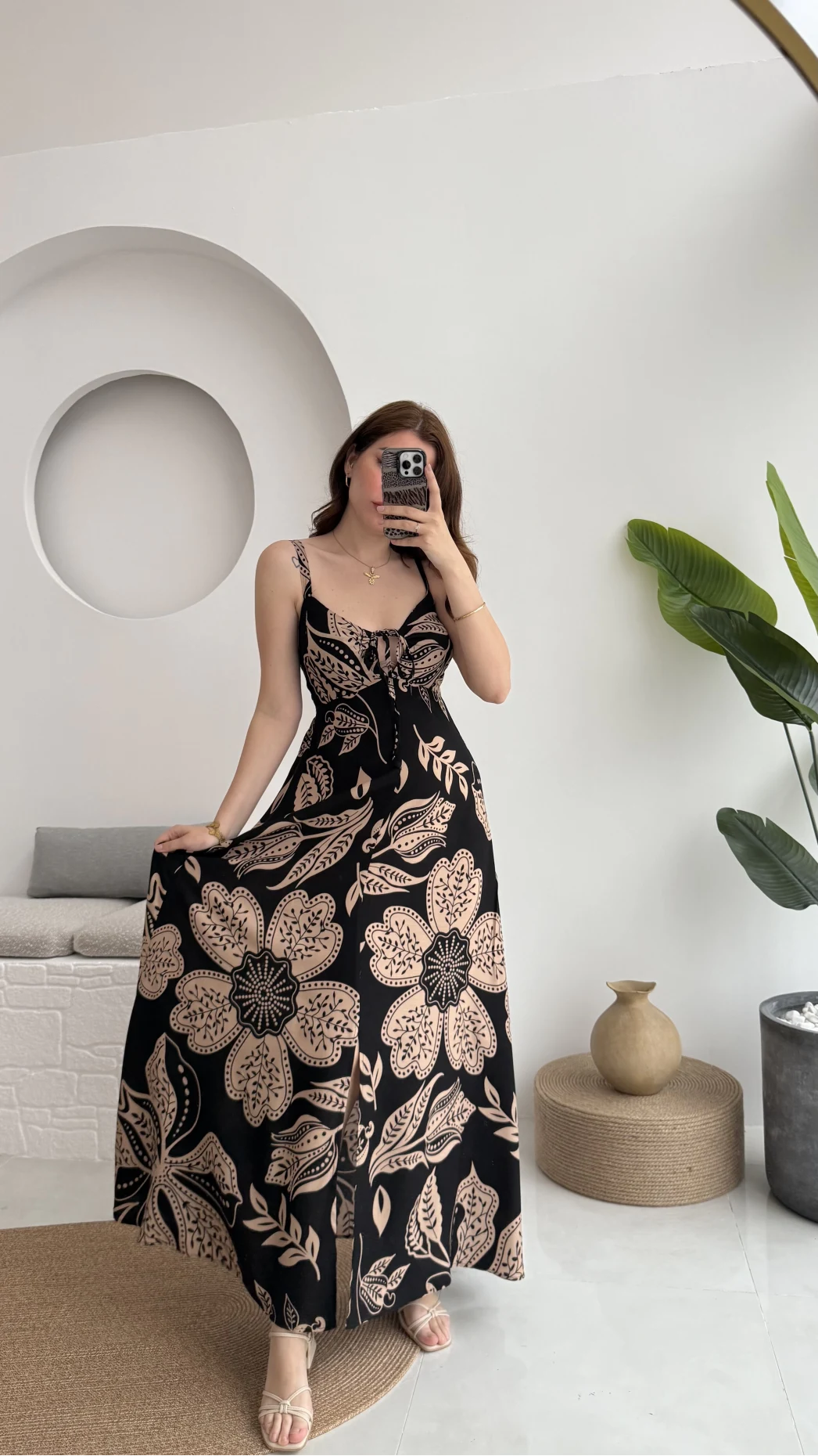 Desenli Askılı Elbise - 35210 - 2 - Siyah