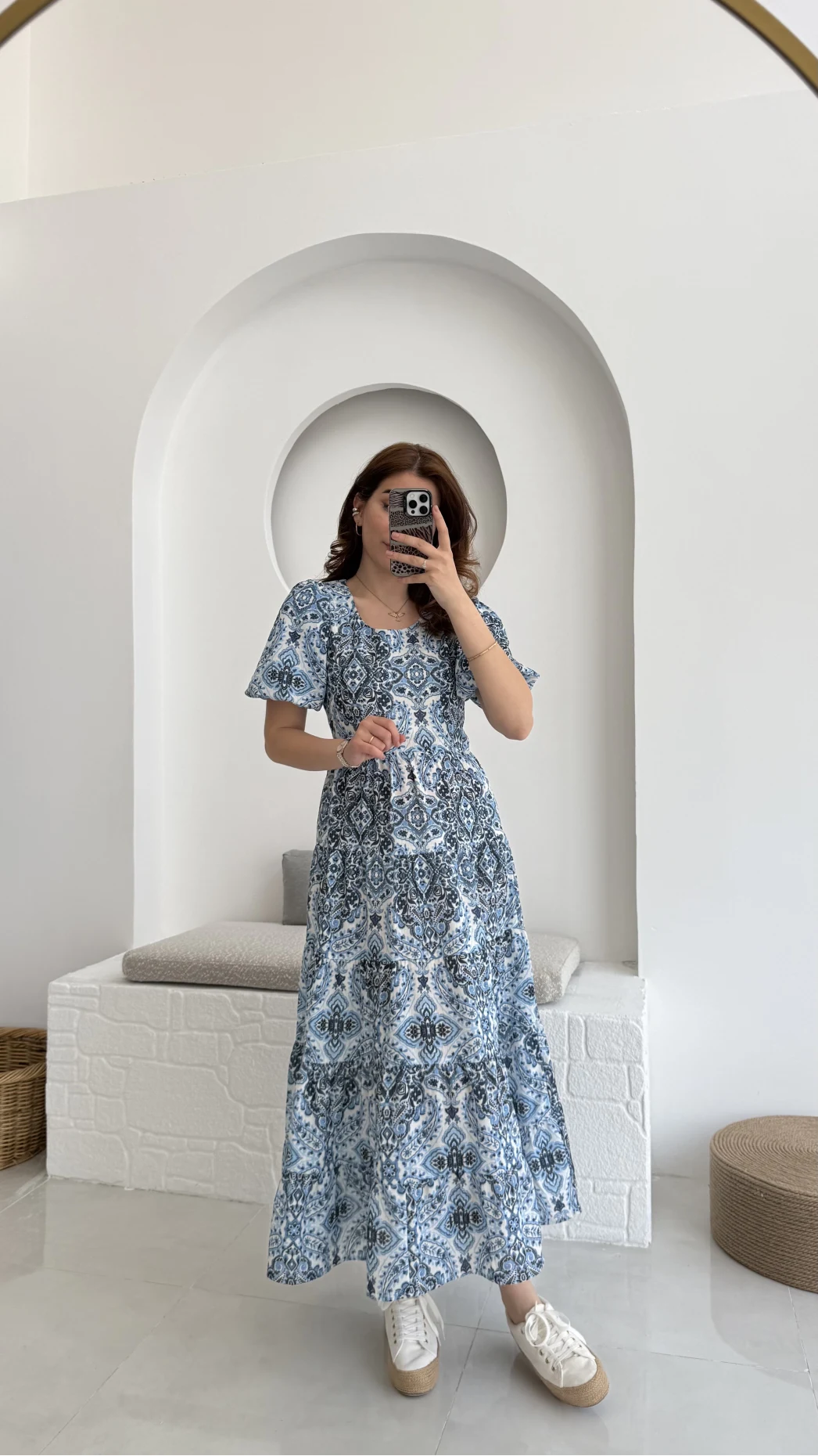 Desenli Elbise Mavi - 3033
