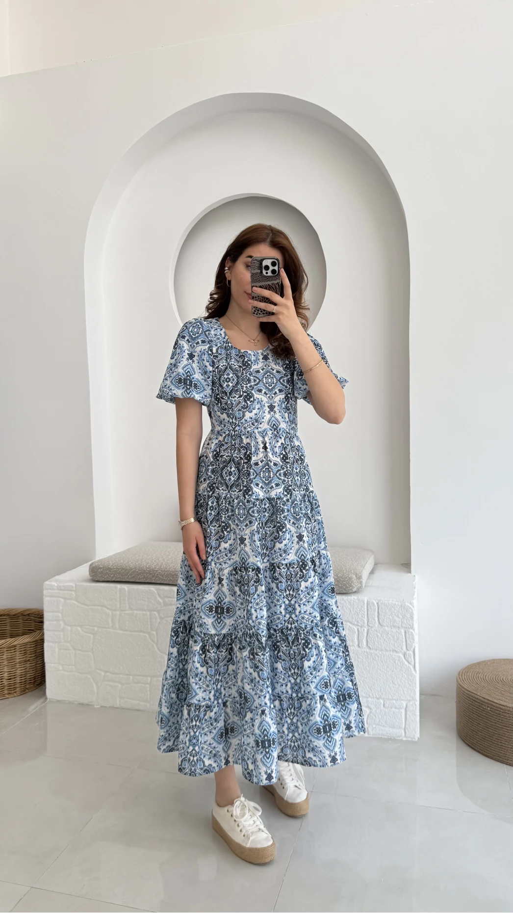 Desenli Elbise Mavi - 3033