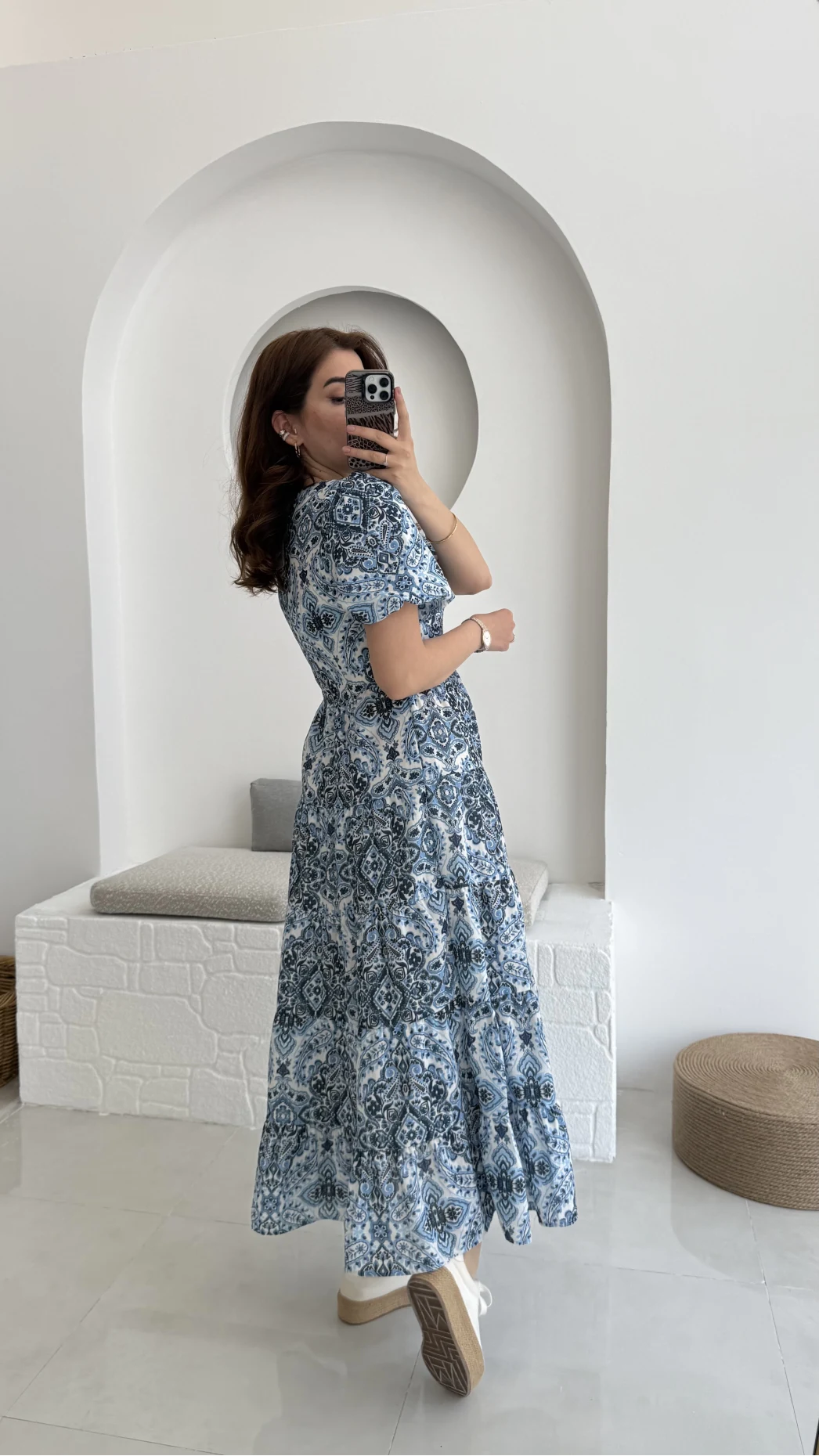 Desenli Elbise Mavi - 3033