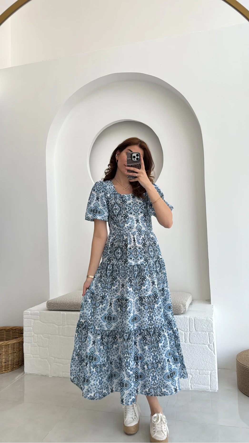 Desenli Elbise Mavi - 3033