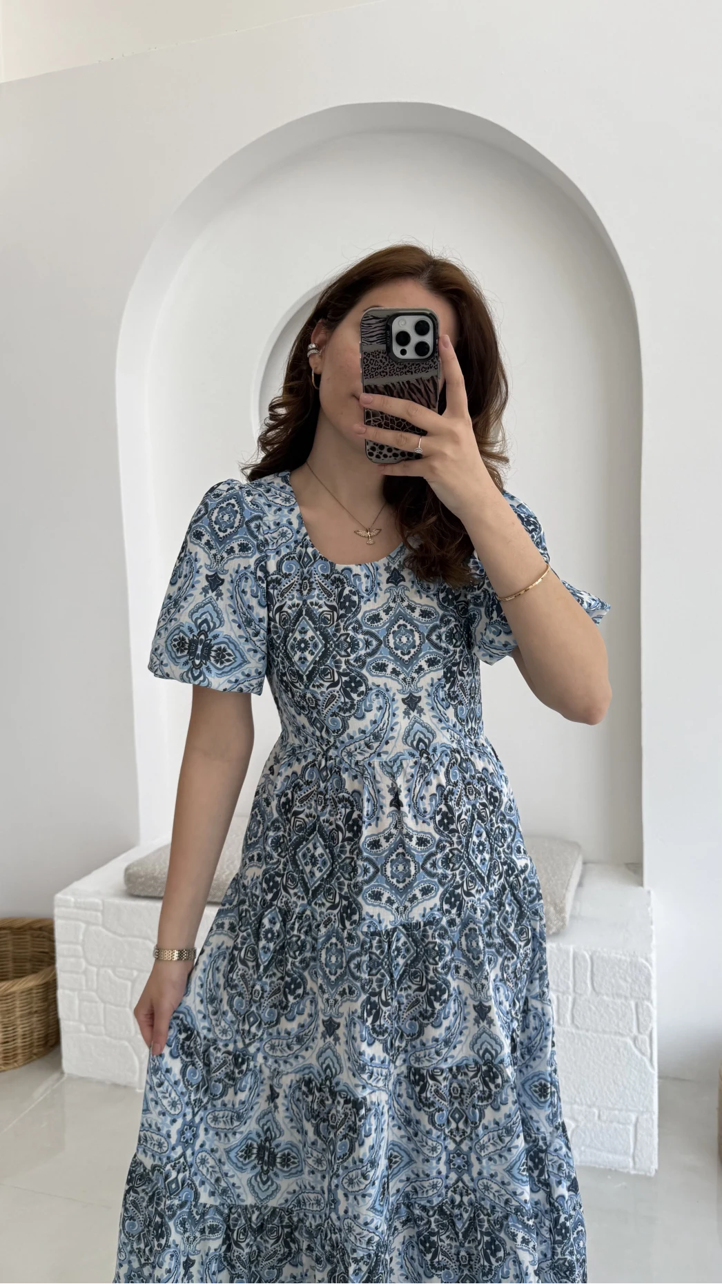 Desenli Elbise Mavi - 3033