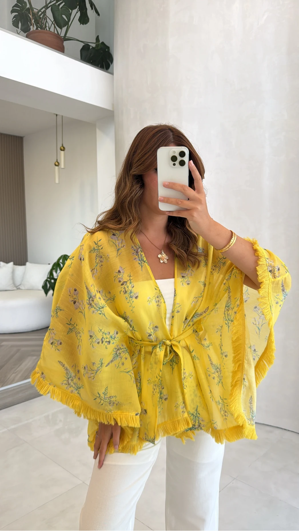 Desenli Kuşaklı Püskül Detay Kimono - Sarı - Kod: 5129