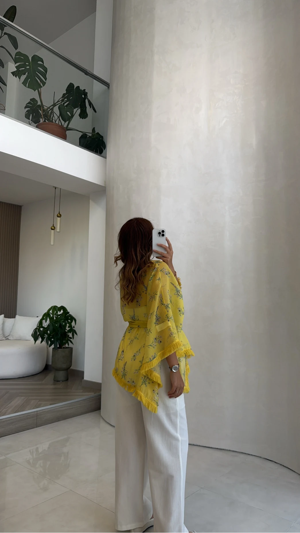 Desenli Kuşaklı Püskül Detay Kimono - Sarı - Kod: 5129