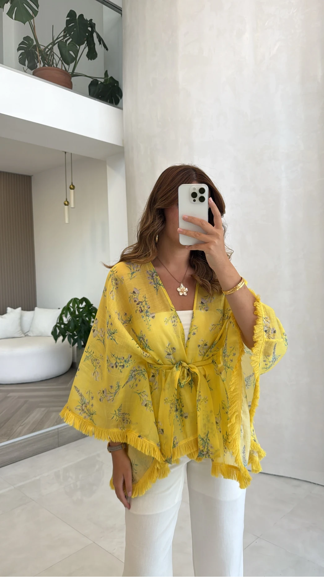 Desenli Kuşaklı Püskül Detay Kimono - Sarı - Kod: 5129