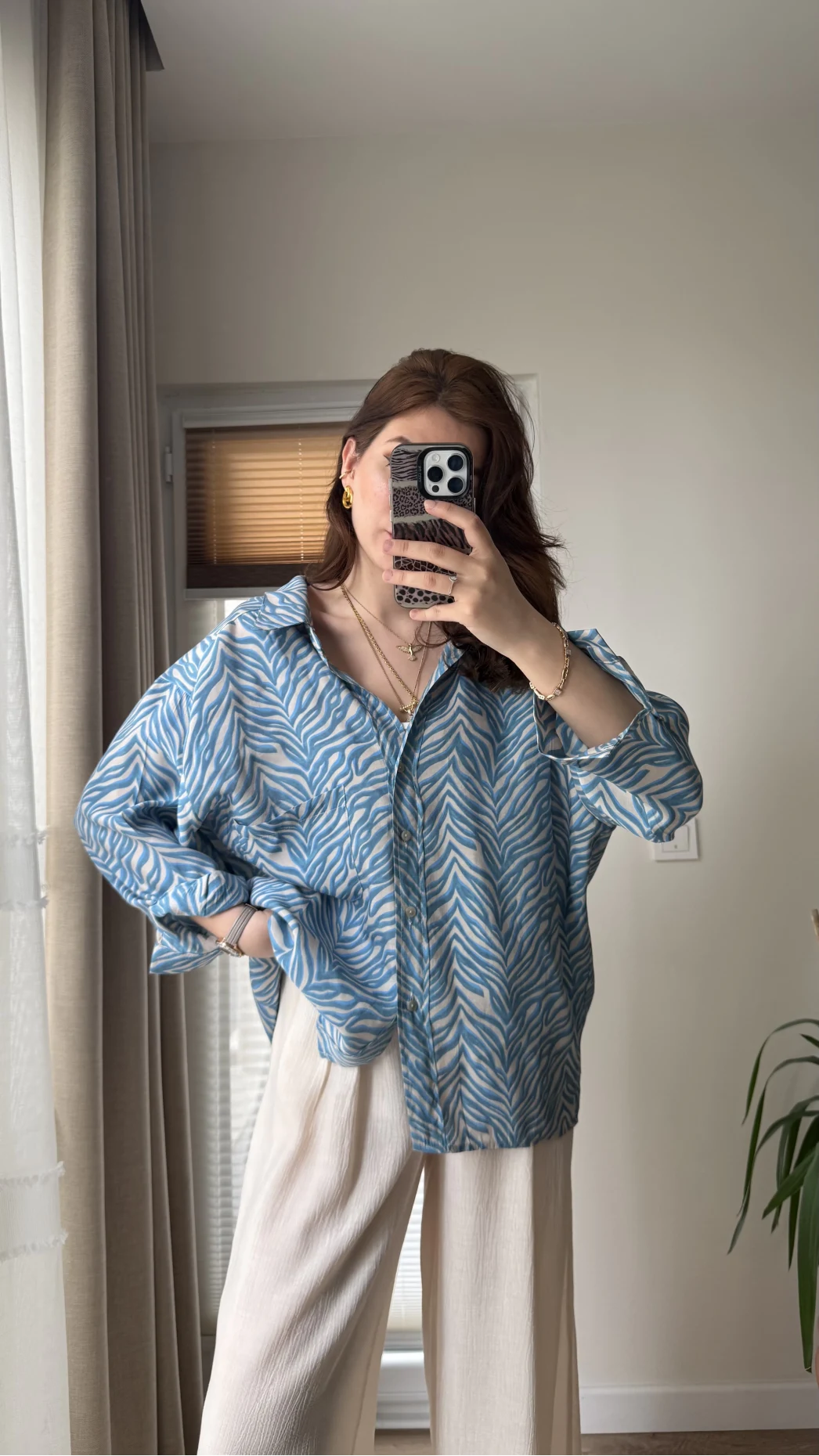 Desenli Tensel Oversize Gömlek - Mavi - 4960