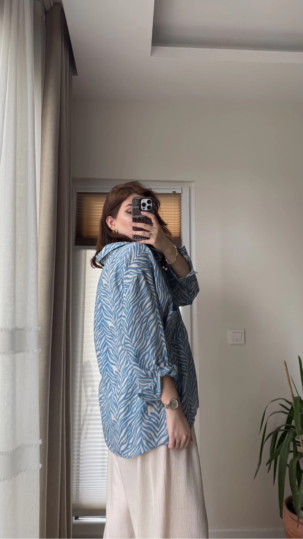 Desenli Tensel Oversize Gömlek - Mavi - 4960