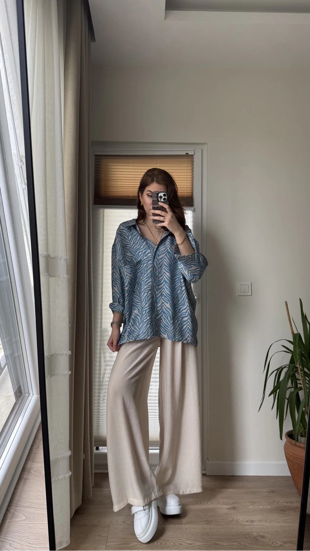 Desenli Tensel Oversize Gömlek - Mavi - 4960