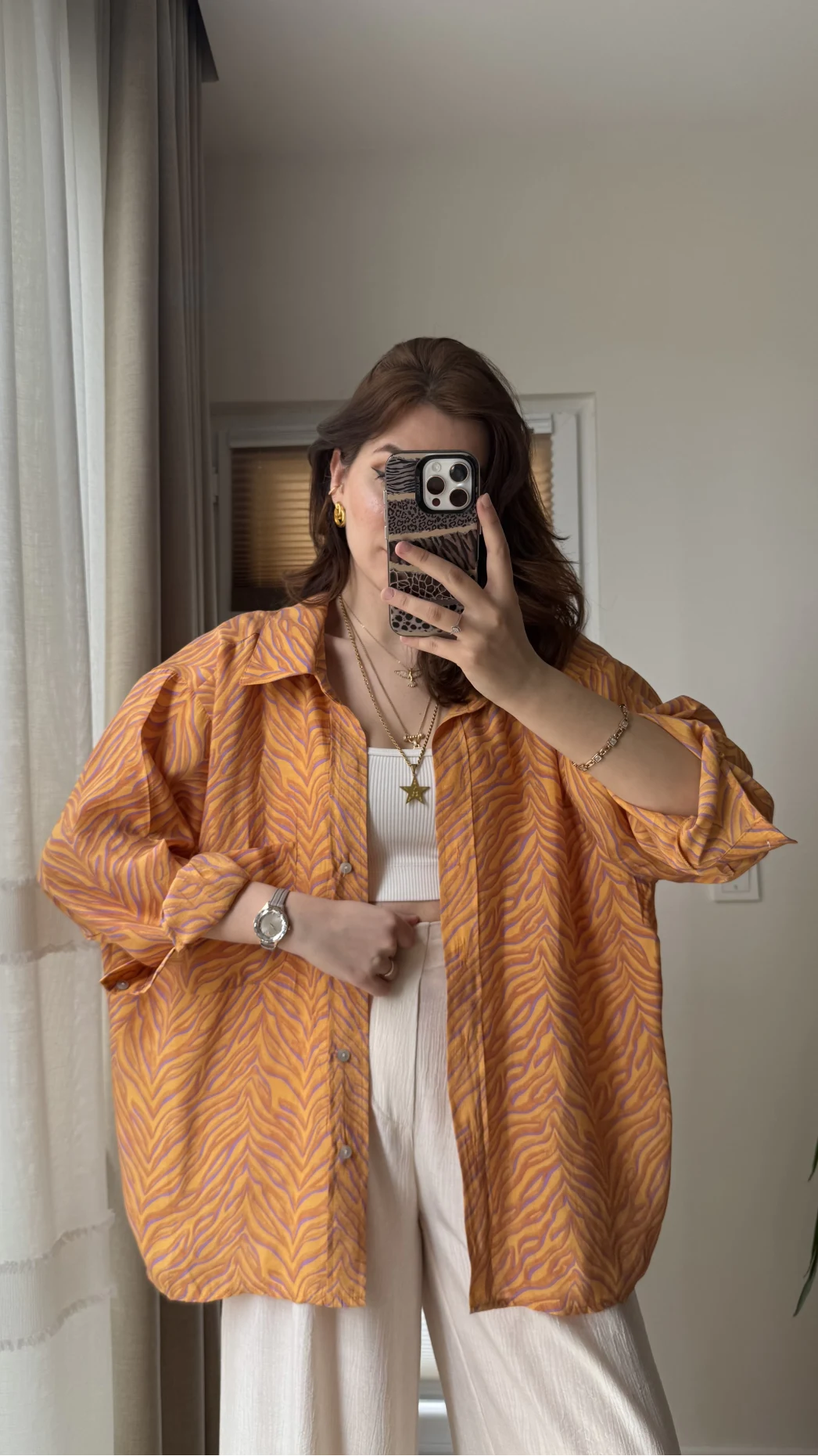 Desenli Tensel Oversize Gömlek - Turuncu - 4960