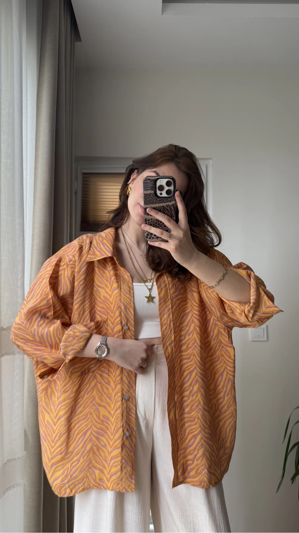 Desenli Tensel Oversize Gömlek - Turuncu - 4960