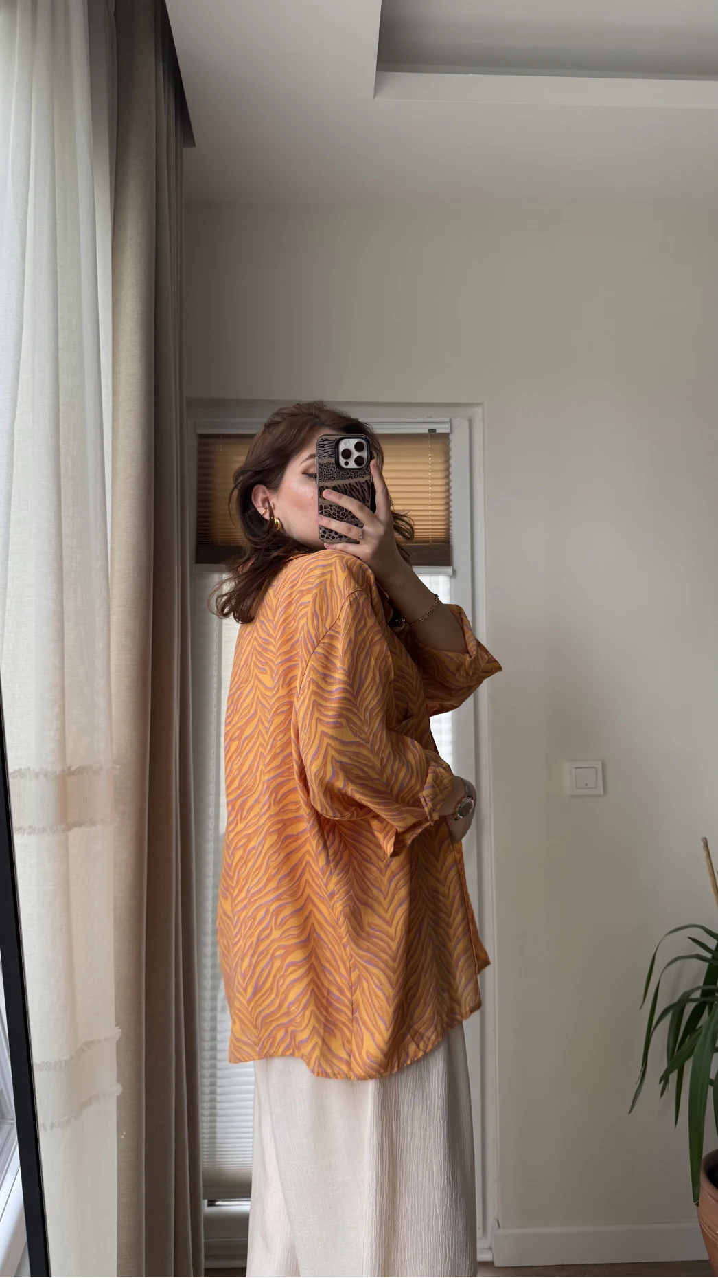 Desenli Tensel Oversize Gömlek - Turuncu - 4960