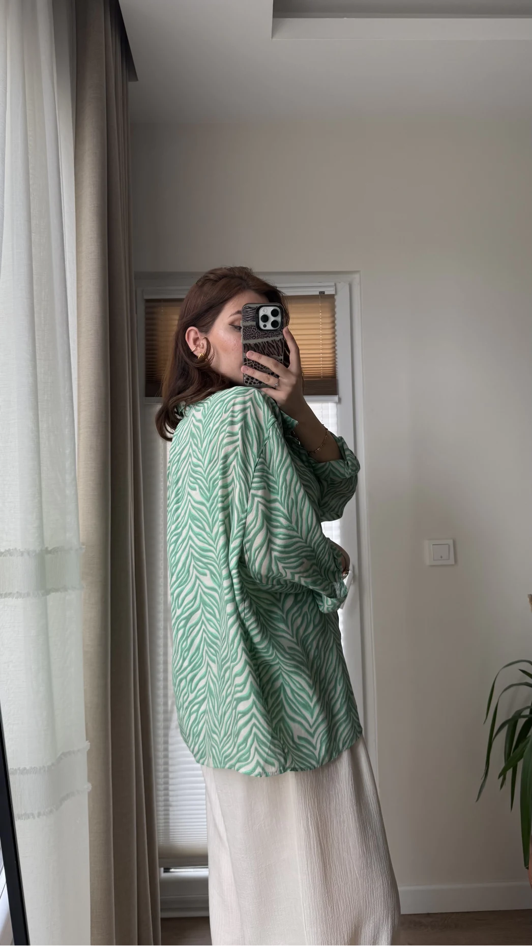 Desenli Tensel Oversize Gömlek - Yeşil - 4960