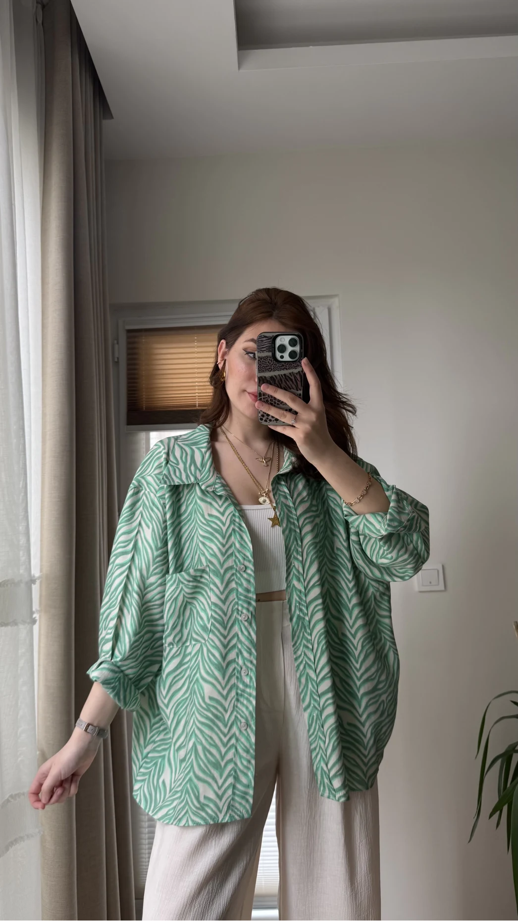 Desenli Tensel Oversize Gömlek - Yeşil - 4960