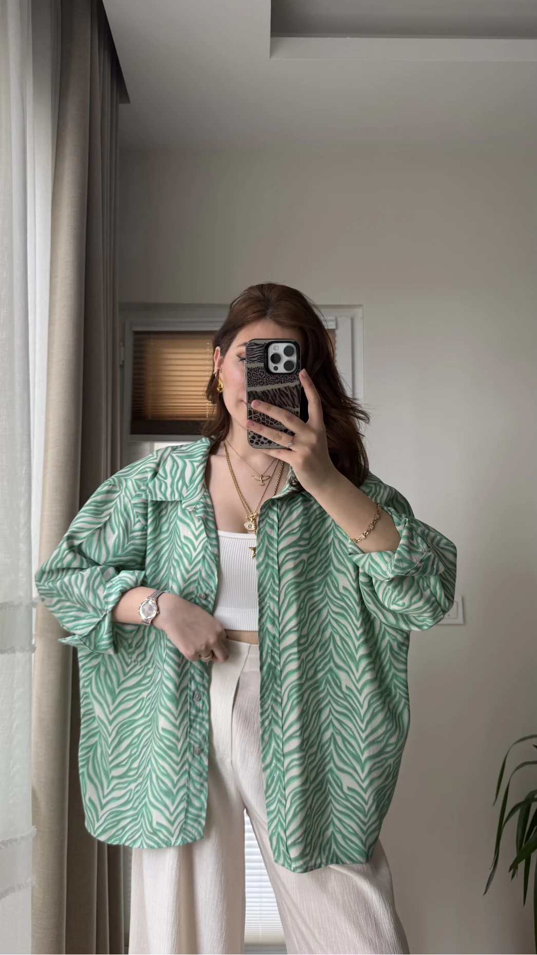 Desenli Tensel Oversize Gömlek - Yeşil - 4960