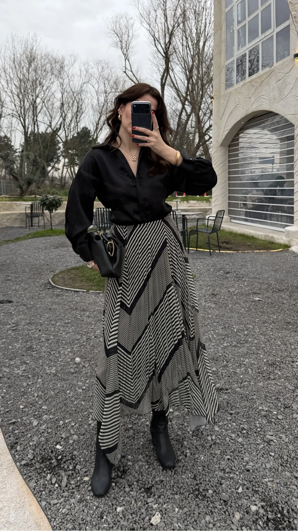 Diana Çizgili Asimetrik Kesim Şifon Etek - Siyah - Kod: 3373